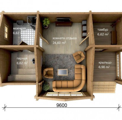 Баня 6400х9600 с крыльцом